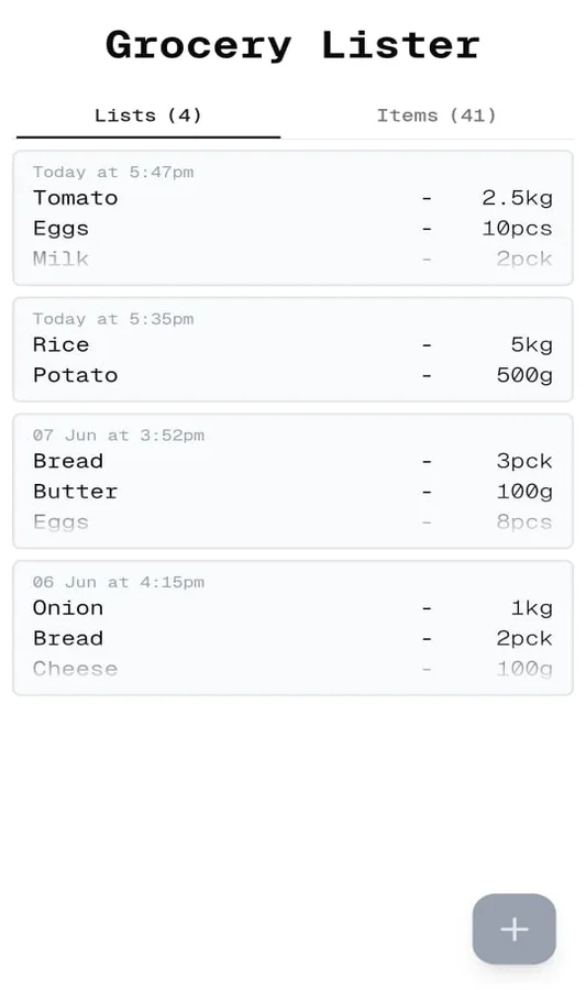 Project Grocery Lister lists page