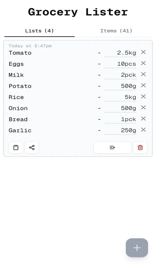 Project Grocery Lister list page