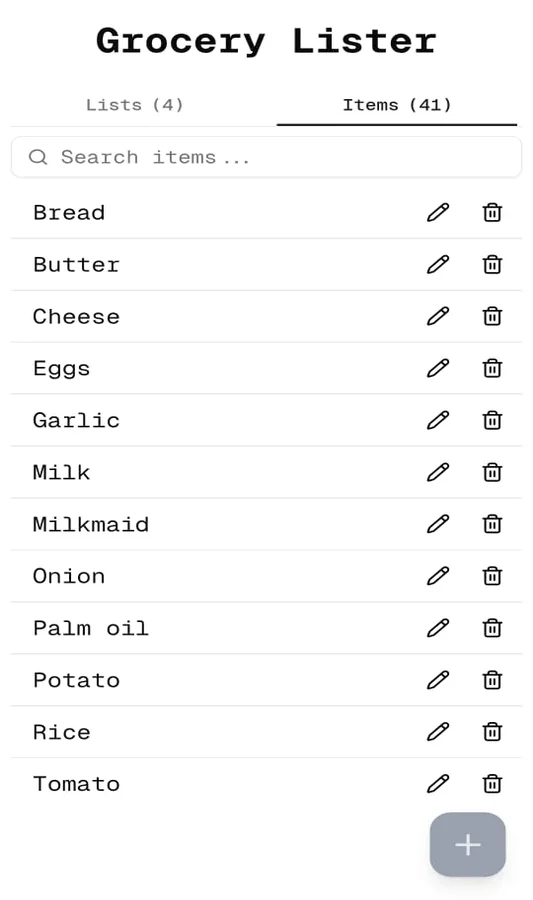 Project Grocery Lister items page